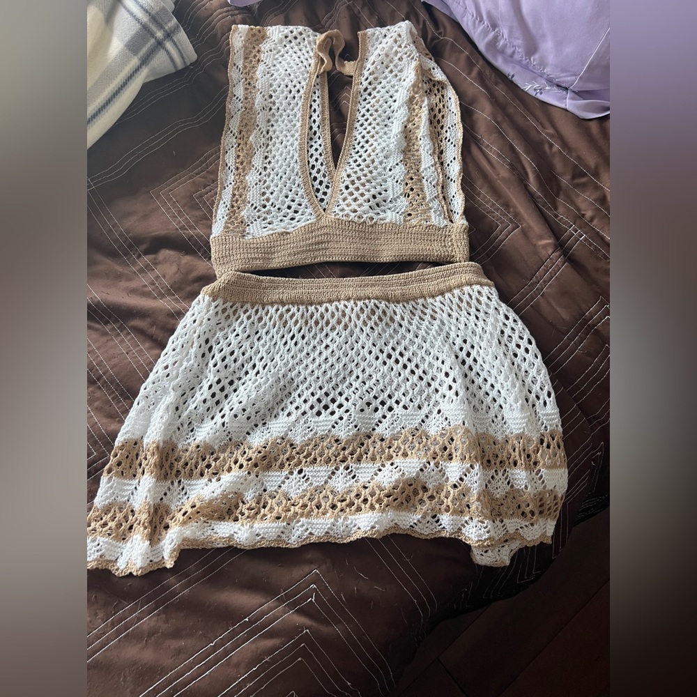 New Crochet Two Piece Set White Tan top skirt Boho beach vacation festival Med - Picture 5 of 8